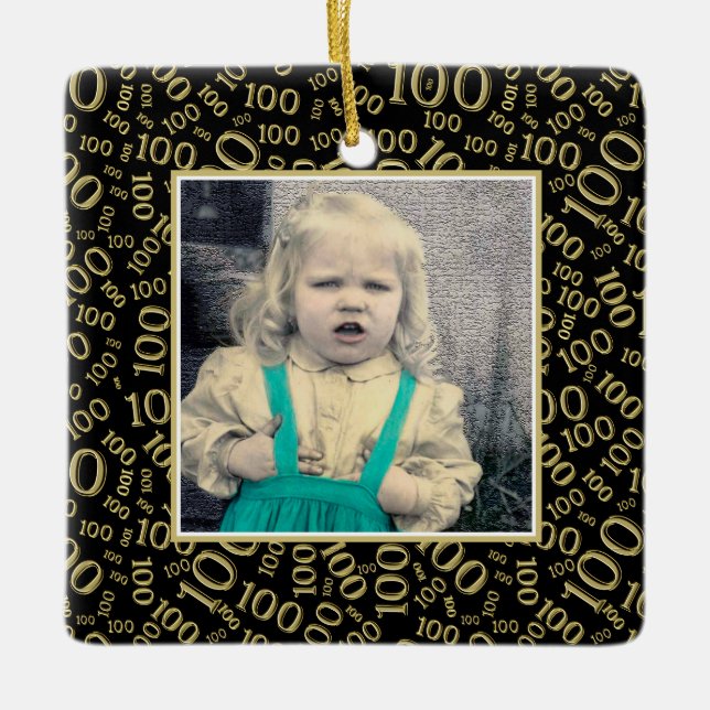 Your Photo:  100th Number Pattern Gold and Black Ceramic Ornament (Front)