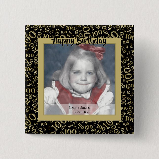 Your Photo 100th Random Number Pattern Black/Gold Button (Front)