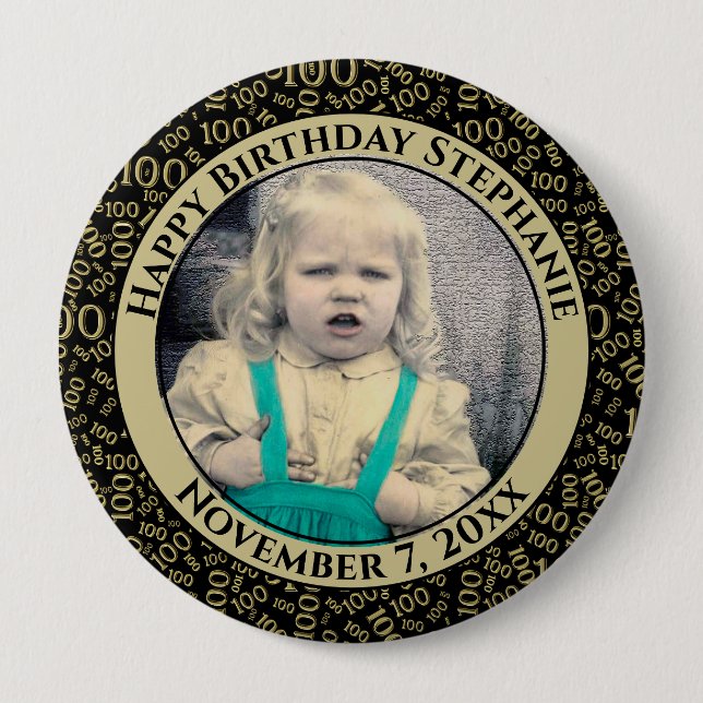 Your Photo 100th Random Number Pattern Black/Gold Button (Front)