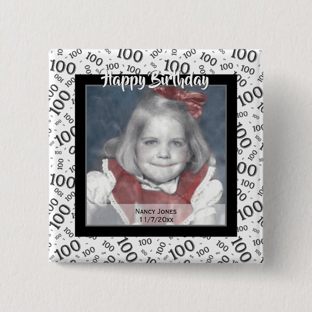 Your Photo 100th Random Number Pattern Black/White Button (Front)