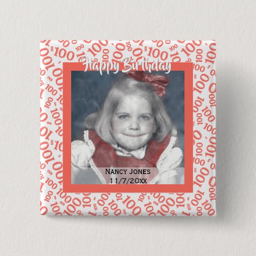 Your Photo 100th Random Number Pattern Coral/White Button