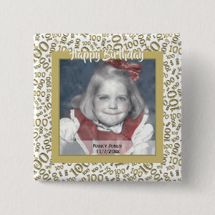 Your Photo 100th Random Number Pattern Gold/White Button