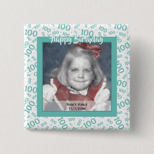 Your Photo 100th Random Number Pattern Teal/White Button