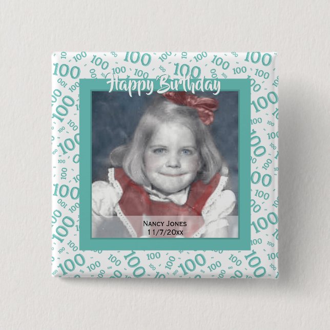 Your Photo 100th Random Number Pattern Teal/White Button (Front)