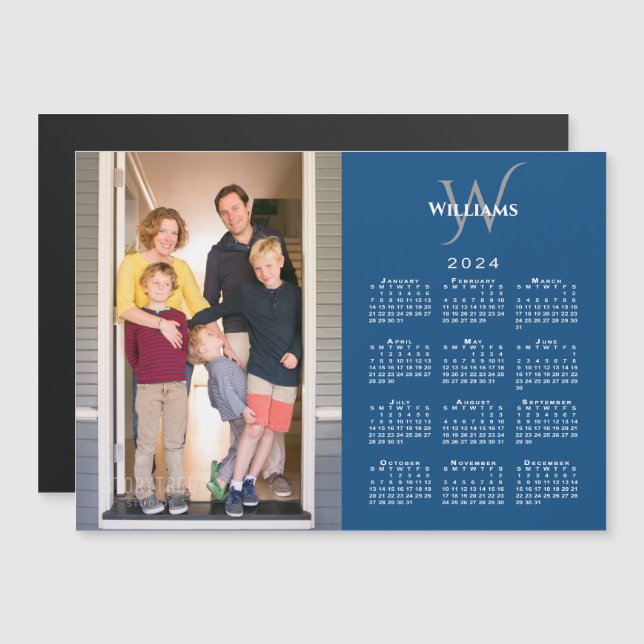 Your Photo 2024 Calendar Monogram Name Blue Magnet (Front/Back)