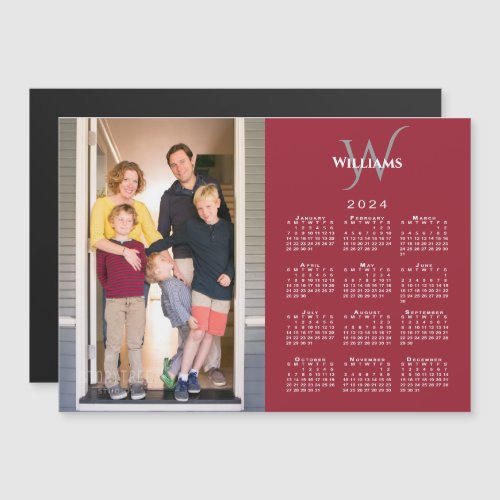 Your Photo 2024 Calendar Monogram Name Red Magnet