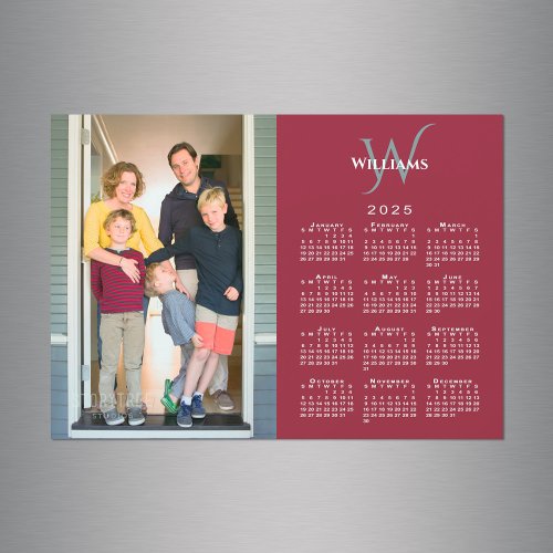 Your Photo 2025 Calendar Monogram Name Red Magnet