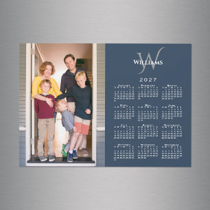 Your Photo 2027 Calendar Monogram Name Navy Magnet