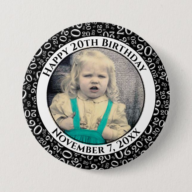 Your Photo 20 Birthday Random Number Pattern Black Button (Front)