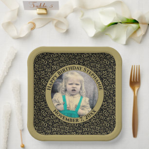 Your Photo 20 Random Number Pattern Black/Gold Paper Plates