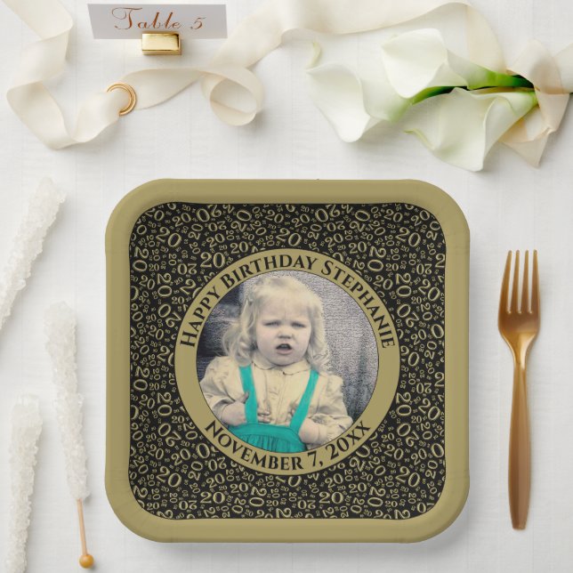 Your Photo 20 Random Number Pattern Black/Gold  Paper Plates (Wedding)