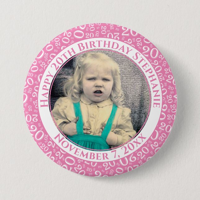 Your Photo 20 Random Number Pattern Pink/White Button (Front)