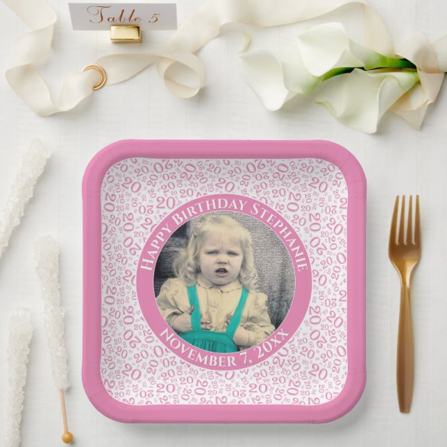 Your Photo 20 Random Number Pattern Pink/White  Paper Plates (Wedding)