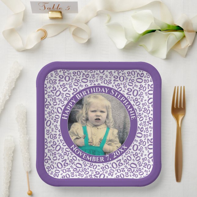 Your Photo 20 Random Number Pattern Purple/White  Paper Plates (Wedding)