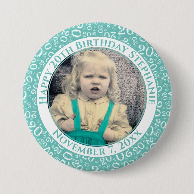 Your Photo 20 Random Number Pattern Teal/White Button (Front)