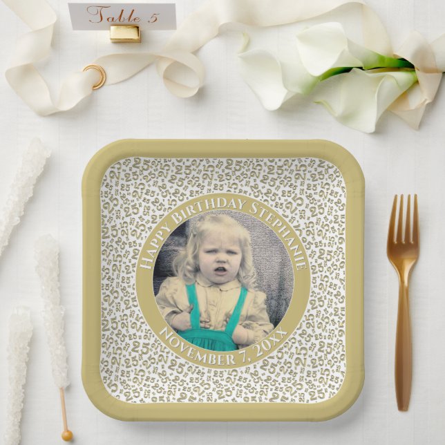 Your Photo 25 Random Number Pattern Gold/White  Paper Plates (Wedding)