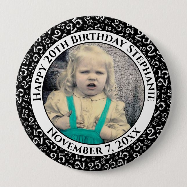 Your Photo | 25th Birthday Number Pattern Black Button (Front)