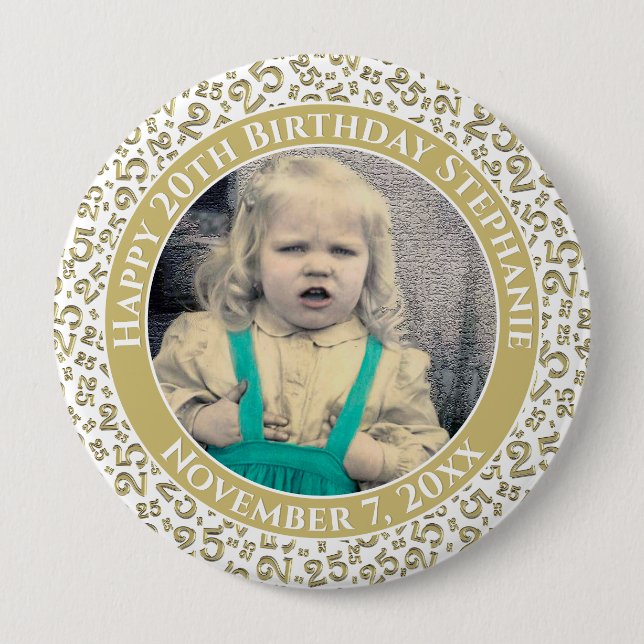 Your Photo 25th Birthday Number Pattern Gold/White Button (Front)