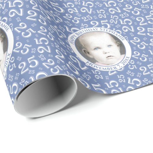 Your Photo  25th Blue Random Number Pattern Wrapping Paper