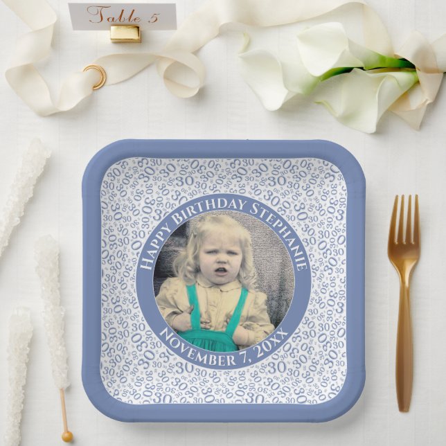 Your Photo 30 Random Number Pattern Blue/White  Paper Plates (Wedding)