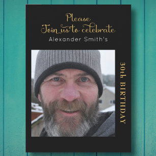 Your Photo 30th Birthday Black And Gold Invitation