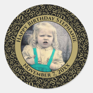 Your Photo 30th Birthday Number Black/Gold 30 Classic Round Sticker