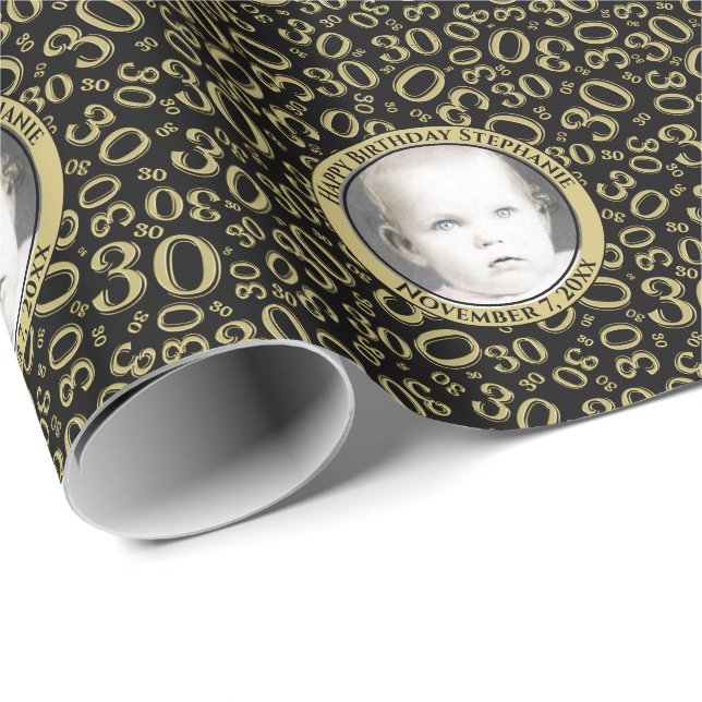 Your Photo | 30th Black/Gold Number Pattern Wrapping Paper (Roll Corner)