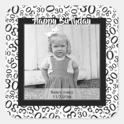 Your Photo  30th Number Pattern Black and White Square Sticker