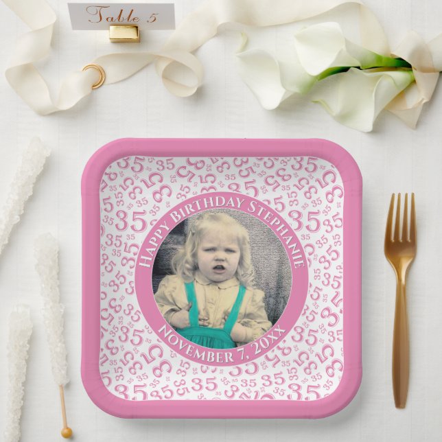 Your Photo 35 Random Number Pattern Pink/White  Paper Plates (Wedding)