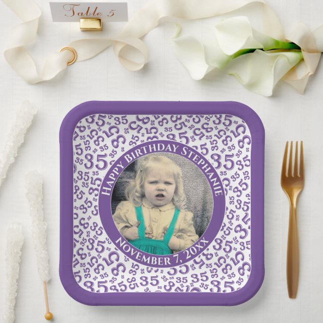 Your Photo 35 Random Number Pattern Purple/White Paper Plates (Wedding)