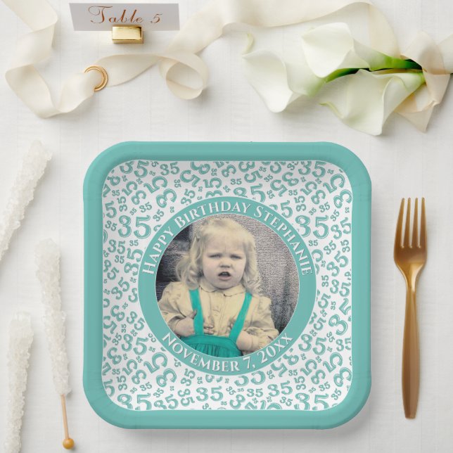 Your Photo 35 Random Number Pattern Teal/White  Paper Plates (Wedding)