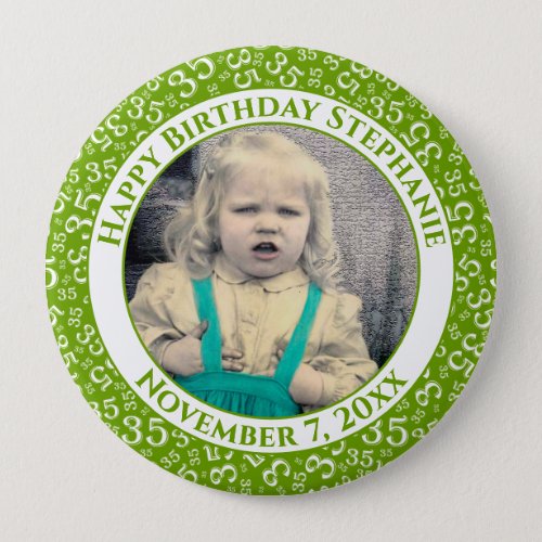 Your Photo 35th Birthday Number Pattern  Green Button