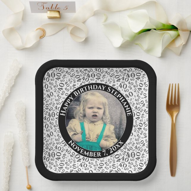 Your Photo 40 Random Number Pattern Black/White  Paper Plates (Wedding)