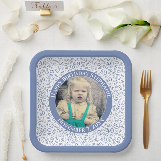 Your Photo 40 Random Number Pattern Blue/White  Paper Plates (Wedding)