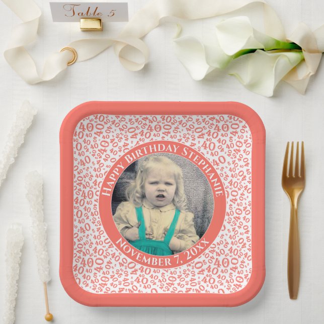 Your Photo 40 Random Number Pattern Coral/White  Paper Plates (Wedding)