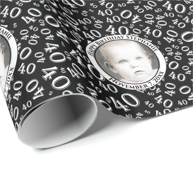 Your Photo | 40th Back/White Number Pattern Wrapping Paper (Roll Corner)