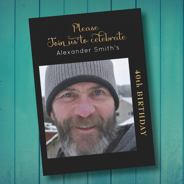 Your Photo 40th Birthday Black And Gold Invitation (Creator Uploaded)