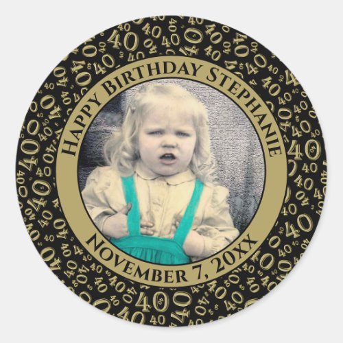 Your Photo 40th Birthday Number  BlackGold 40 Classic Round Sticker