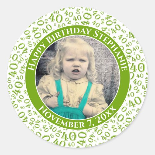 Your Photo 40th Birthday Number  GreenWhite 40 Classic Round Sticker