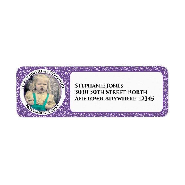 Your Photo 40th Birthday Number Patten Purple Label (Front)