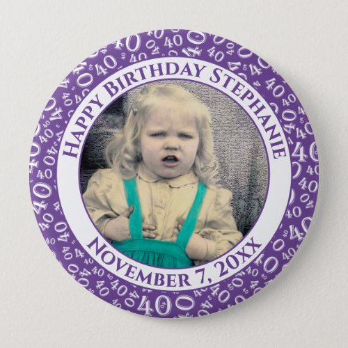Your Photo 40th Birthday Number Pattern  Purple Button
