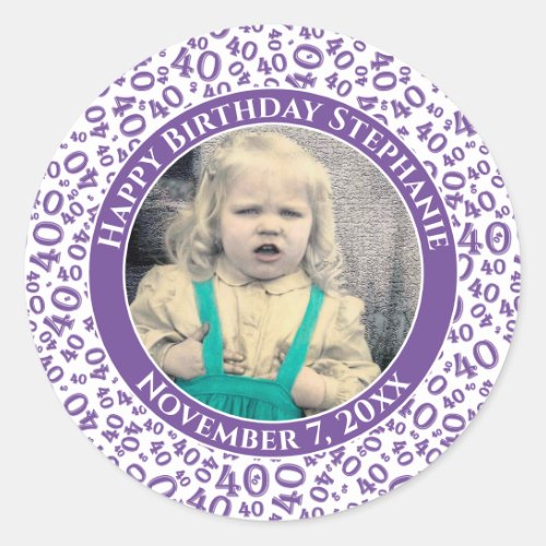 Your Photo 40th Birthday Number  PurpleWhite 40 Classic Round Sticker