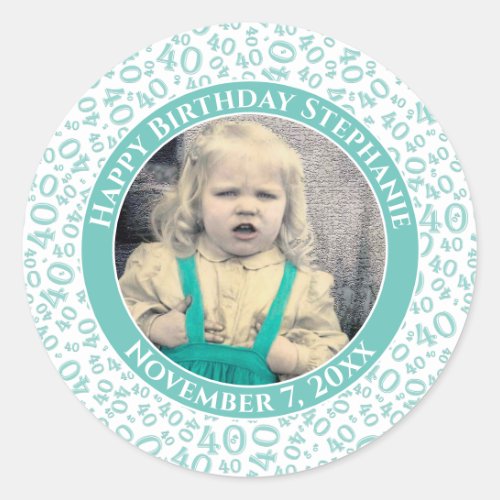 Your Photo 40th Birthday Number  TealWhite 40 Classic Round Sticker