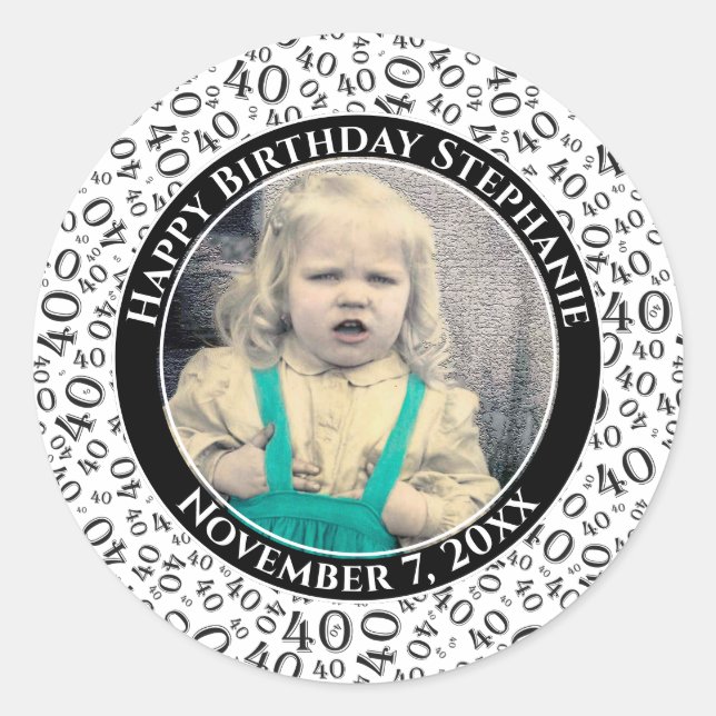 Your Photo 40th Random Number Pattern Black Classic Round Sticker (Front)