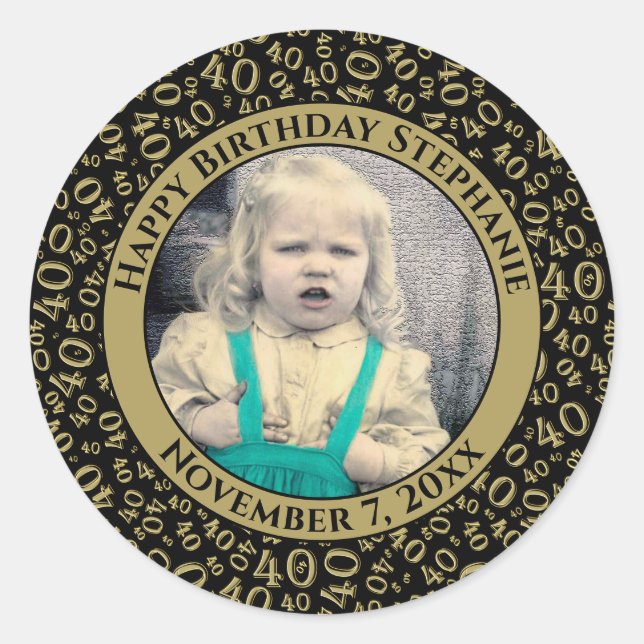 Your Photo 40th Random Number Pattern Black/Gold Classic Round Sticker (Front)