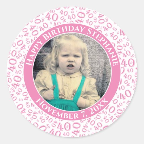 Your Photo 40th Random Number Pattern Pink Classic Round Sticker