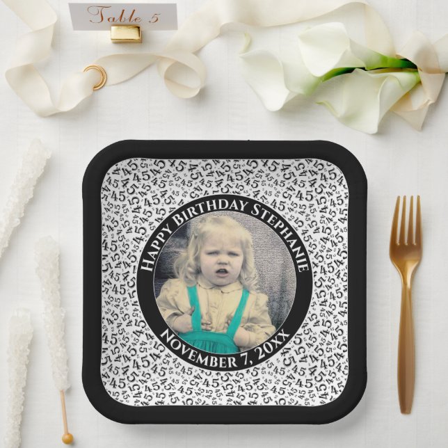 Your Photo 45 Random Number Pattern Black/White  Paper Plates (Wedding)