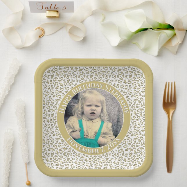 Your Photo 45 Random Number Pattern Gold/White  Paper Plates (Wedding)
