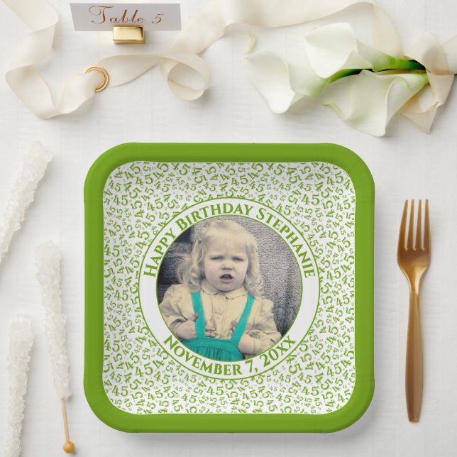 Your Photo 45 Random Number Pattern Green/White  Paper Plates (Wedding)