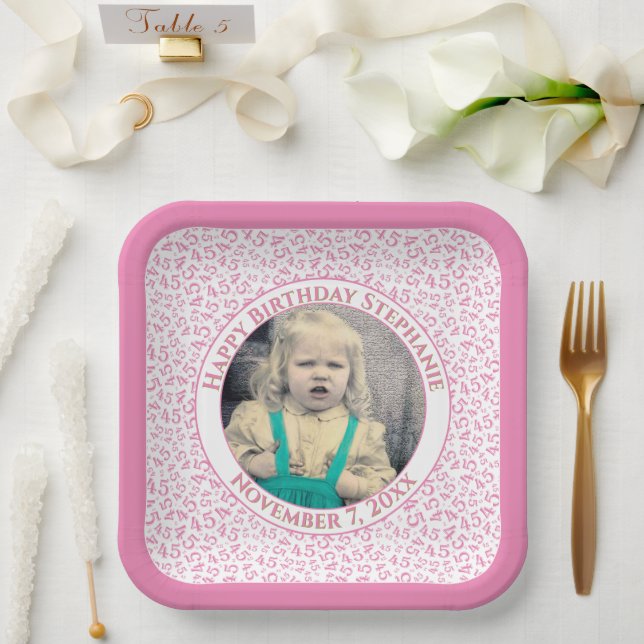 Your Photo 45 Random Number Pattern Pink/White  Paper Plates (Wedding)